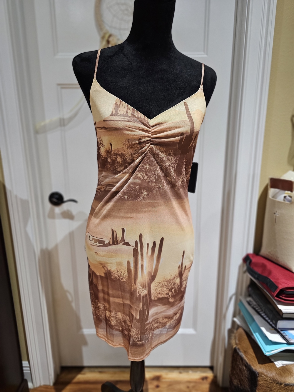 Caution To The Wind Desert Cactus Slip Dress - Beige & Brown